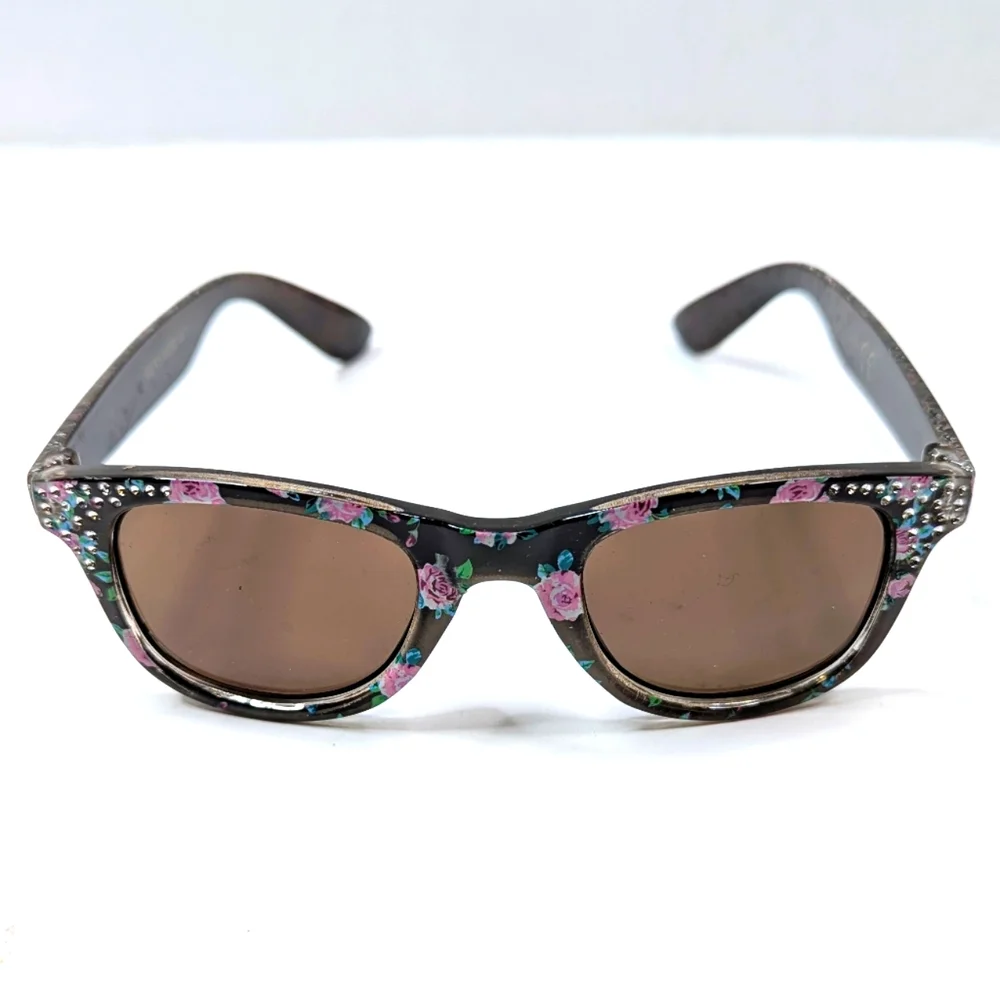 Girls Kid Size Foil Dot Glitzy Flower Print Horn Rim Sunglasses Poolside Fun